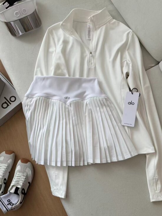 ALO Yoga Tops - Alo Yoga Pure White Half-Zip Long-Sleeve Top + Pleated Mini Skirt Two-Piece Set